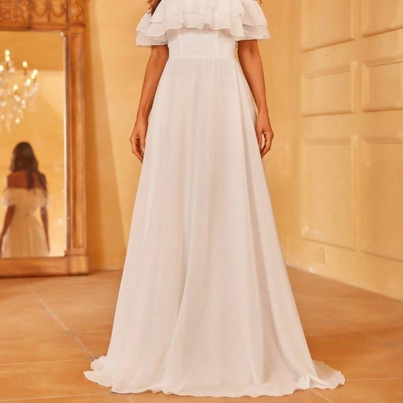 White Boho Womens Off Shoulder Ruffle Trim Chiffon Wedding Dress - Picture 3 of 4